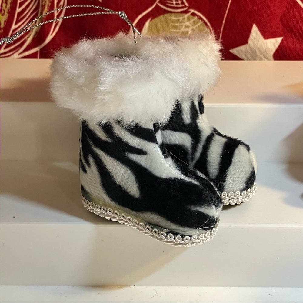 Zebra Print Fuzzy Furry Boots Christmas Ornament